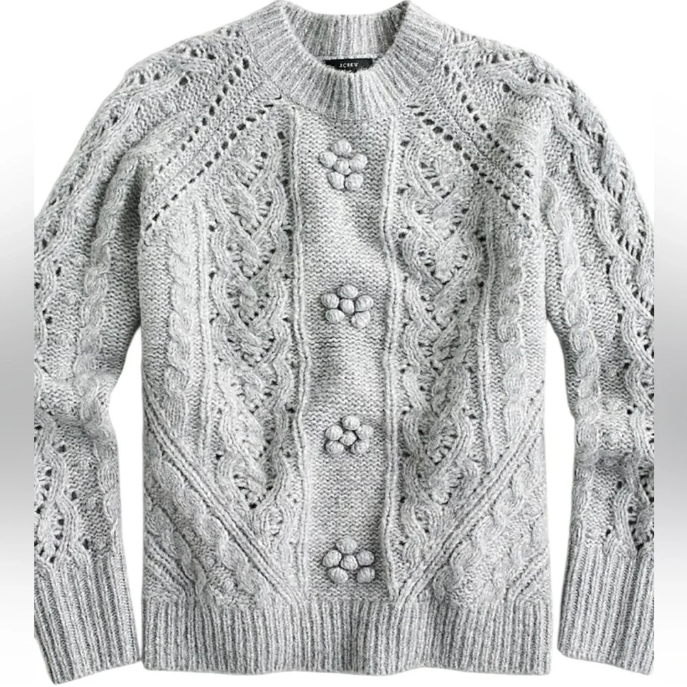 J. Crew Cable Knit Pointelle Gray Pullover Wool Blend Sweater‎ Large